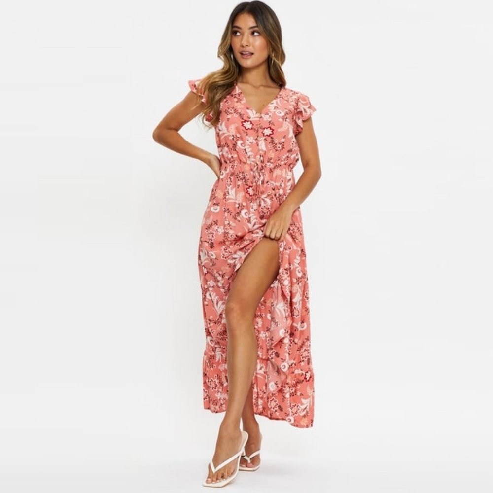 Coral Pink Boho Floral Ruffle Midi Dress NWT - Picture 4 of 10